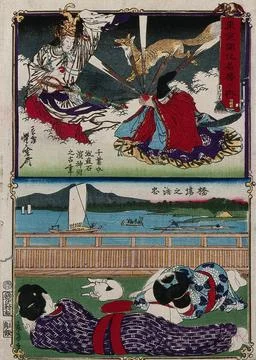 Above, two deities (?), one of whom is holding a red ball which has rays an.. Stock Illustration