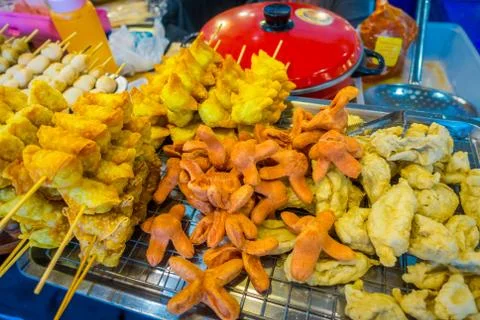 Above view of assorted grill ocean food at market in Bangkok,Thailand Stock Photos