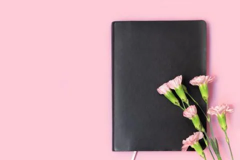 Above view of black empty notebook and carnation flowers on soft pink background Fotos de archivo