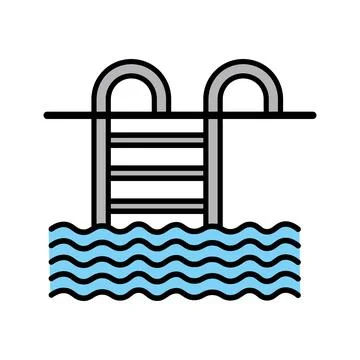An above view displays pool ladder icon emerging from wavy light blue water Stock Illustration