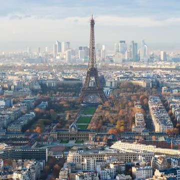 Above view of Eiffel Tower and La Defence district Stock Photos