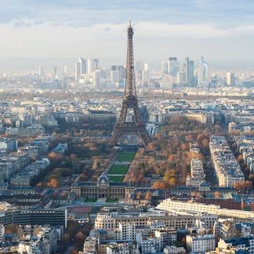 Above view of Eiffel Tower and La Defence district travel to France - abov... Stock Photos