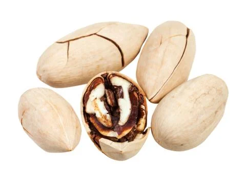 Above view of few pecans in shell isolated Stock Photos