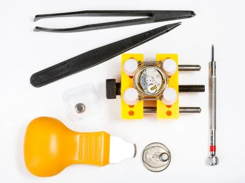 Above view of kit for replacing battery in watch Stock Photos