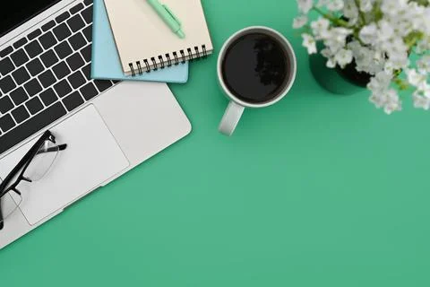 Above view laptop computer, coffee cup, notebook and flower pot on green Stock Photos