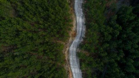 Above view. Moving copter along the narrow path in Taurus Mountains covered with Stock Footage 86533896