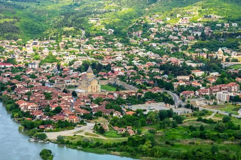 Above view of Mtskheta city from Jvari Monastery Stock Photos