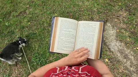 Above View: Reading a Book with Miniature Schnauzer Stock Footage 277494470