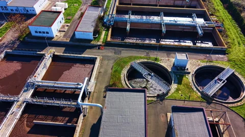 Above view of rectangular filtration basins at a treatment site, Bulgaria Stock Footage 339668557