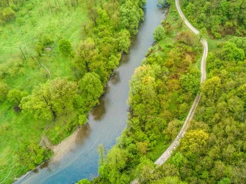 Above view of a river trough the forest, Nera Gorges. Cheile Nerei National P Stock Photos