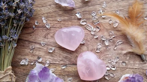 Above view of two polished pink color rose quartz crystals on wood tray in home. Stock Footage 188467314
