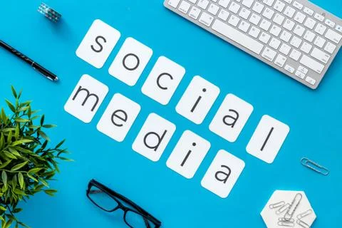 Above view of web network media marketing job. Office table flat lay Stock Photos