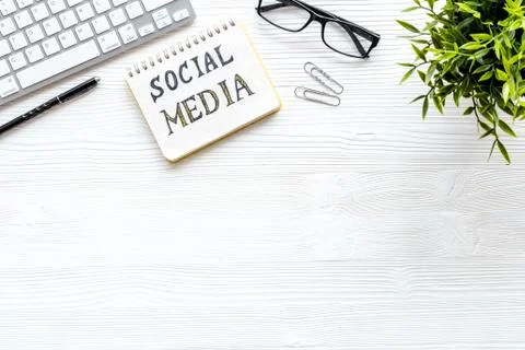 Above view of web network media marketing job. Office table flat lay Stock Photos