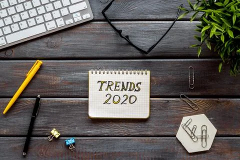 Above view of web network media marketing job. Office table flat lay Stock Photos