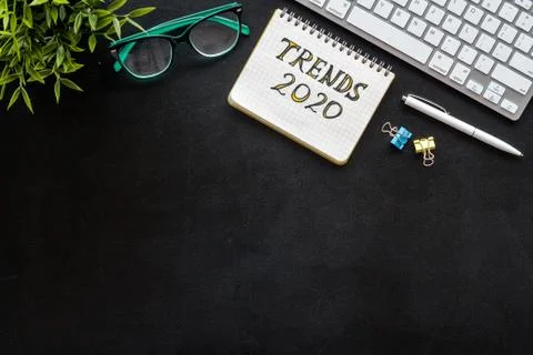 Above view of web network media marketing job. Office table flat lay Stock Photos