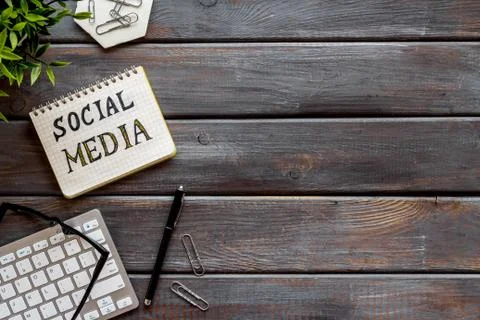 Above view of web network media marketing job. Office table flat lay Stock Photos