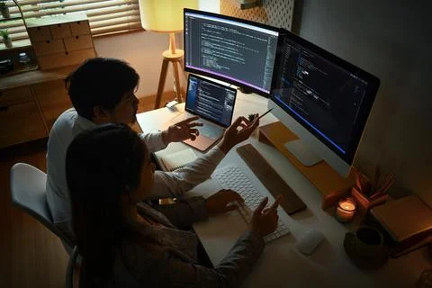 Above view of young programmers developing artificial intelligence projects at 스톡 사진