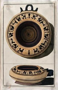 Above, white-ground balck-figured Greek vessel decorated with a frieze of s.. Stock Illustration