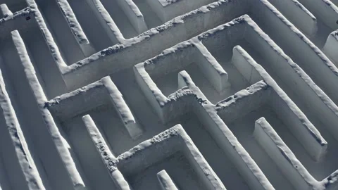 Above white snow maze, complex winter labyrinth with dead ends, aerial Stock Footage 151909700
