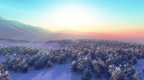 Above winter forest mountain sunset Stock Illustration