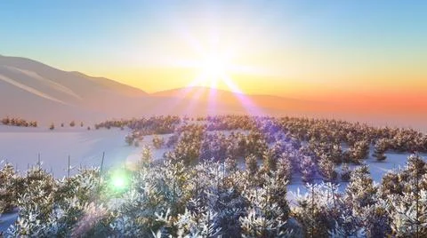 Above winter forest mountain sunset Stock Illustration