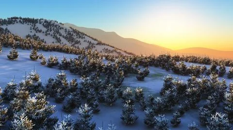 Above winter forest mountain sunset Stock Illustration