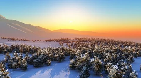 Above winter forest mountain sunset Stock Illustration