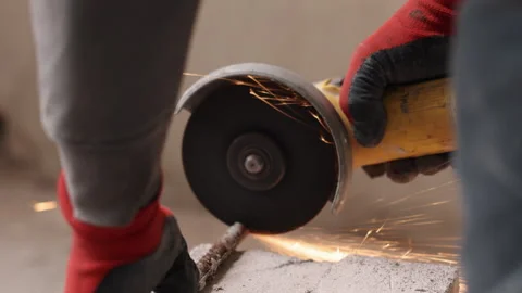 Abrasive disk, work gloves, industrial sparks Stock Footage 330014540