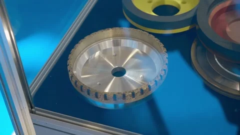 Abrasive wheel options for professional glass processing at the exhibition Stock Footage 333326537