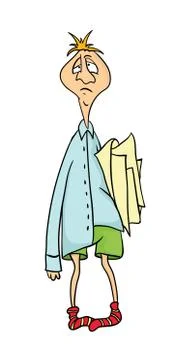 Absent-minded office worker with stack of papers under the armpit. Vector Stock Illustration