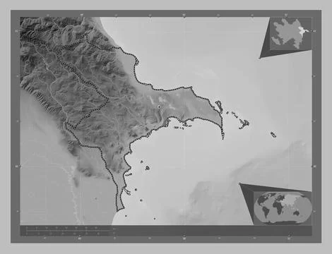Absheron, Azerbaijan. Grayscale elevation map with lakes and rivers Stock Illustration