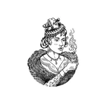 Absinthe label badge. Bottle and Shot glass. Victorian woman holding a toast Stock Illustration