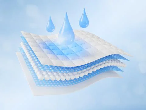 Absorbent fabric texture 3d icon with blue water drops and wet spot, 5 layer Stock Illustration