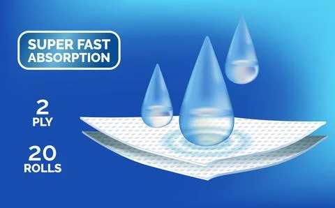 Absorbent two-layer material with water drops. Infographic for toilet paper Illustrazione stock