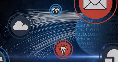 Absorbing blue binary globe drawing fiberoptic data streams on dark gradient, Stock Photos