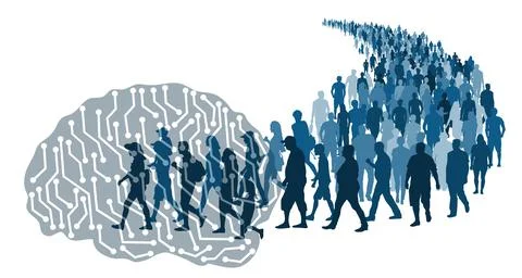 Absorption of human knowledge and skills by artificial intelligence. Silhou.. Stock Illustration