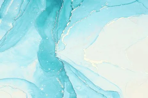 Abstarct fluid ink background with aguamarine and golden splashes Stock Photos