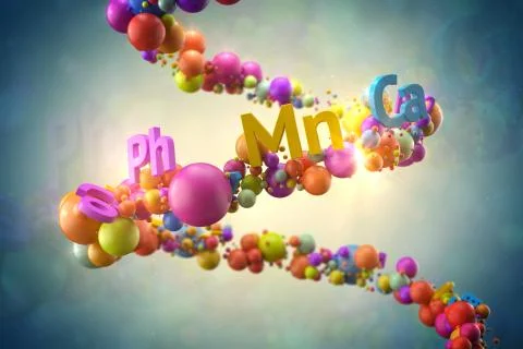 Abstrac 3d rendering illustration. Random colored spheres and text with vitam Stock Illustration