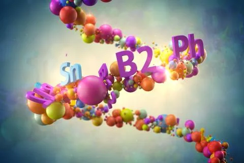 Abstrac 3d rendering illustration. Random colored spheres and text with vitam Stock Illustration