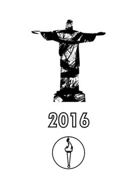 Abstract 2016, statue and burning torch design in outlines over white backgro Stock Illustration
