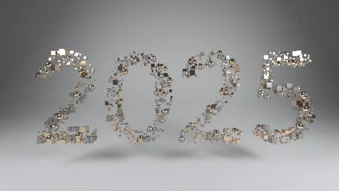 Abstract 2025 digits composed of floating metallic and golden spheres and c.. Stock Illustration