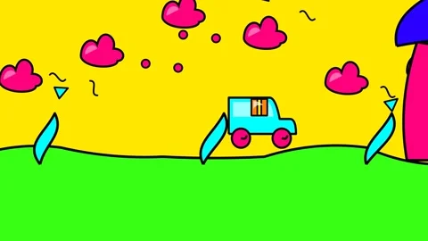 Abstract 2D Animation Of A Car Delivering A Package To A Mushroom House Stock Footage 341756063