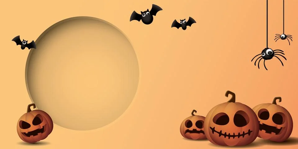 Abstract 3 dimension circle frame paper cut style with Halloween pumpkins, .. Stock Illustration