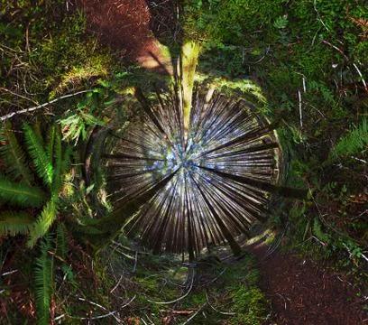 Abstract 360 panoramic view of an inverted jungle forest wilderness woods bac Stock Photos