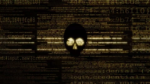 Abstract 3d animation of digital data streams and skull icon with glowing Stock Footage 347557839