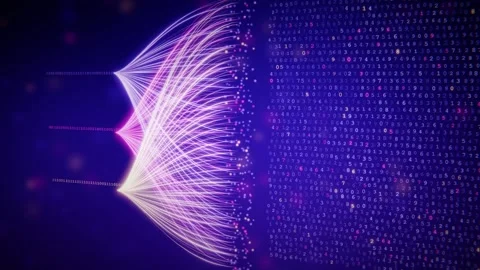 Abstract 3d animation of flowing digital data streams and glowing binary Stock Footage 347460287