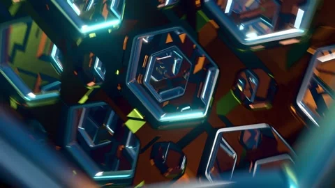 Abstract 3D animation flying through futuristic bronze walls with glowing blue 스톡 동영상 337184863