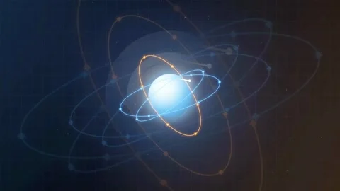 Abstract 3D Animation of a Glowing Atomic Nucleus with Rotating Electron Orbits Stock Footage 341827490