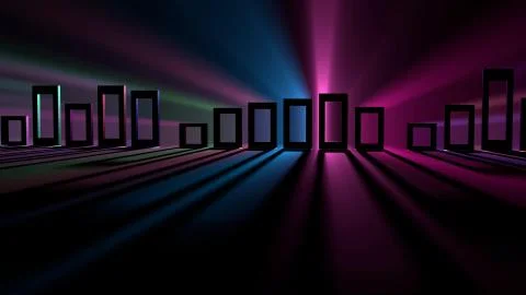 Abstract 3D animation of Hollow shape Rectangles in a row, lights in background Illustrazione stock