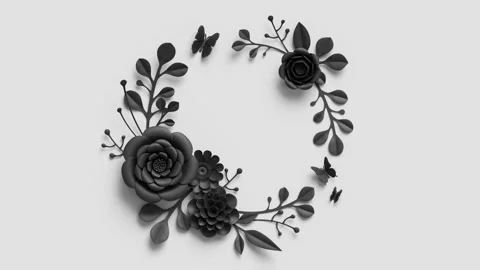 Abstract 3d animation, round botanical frame with copy space, black paper flo Stock Footage 216769691